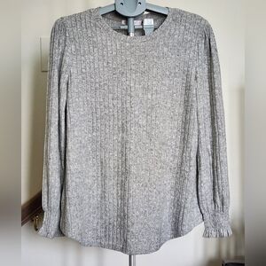 Women's Heather Grey Ribbed Long-Sleeve Crewneck Top